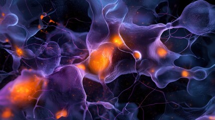 Poster - Colorful intricate microscopic view of a dynamic neural network showcasing the complex connections and signaling between neurons and synapses in the brain or nervous system