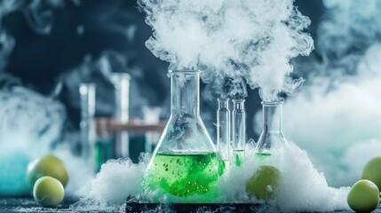 Poster - Laboratory glassware filled with a green liquid and emitting smoke or steam suggesting an ongoing chemical reaction or experiment in a science research setting
