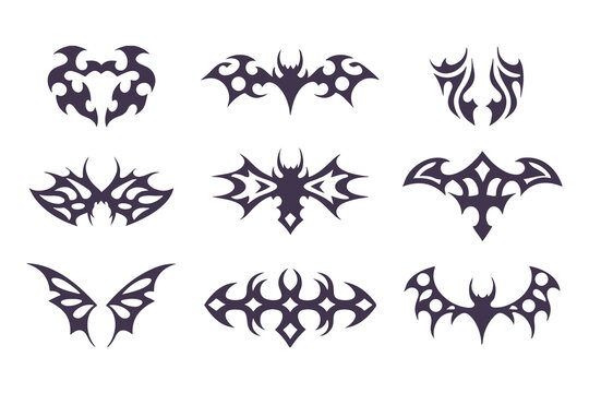 Set of symmetrical tribal tattoo designs. abstract black geometric shapes for tattoos, logos, or decorative vector art elements. Vector Illustration