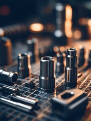 Poster - Close-up of various metallic tools and components arranged on a workbench with blurred background