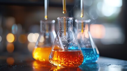 Poster - Assortment of scientific glassware containing various colored liquids representing the study and application of chemical reaction principles in a laboratory setting