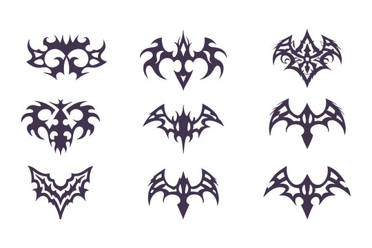Set of symmetrical tribal tattoo designs. abstract black geometric shapes for tattoos, logos, or decorative vector art elements. Vector Illustration