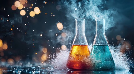 Poster - Two glass vessels containing colorful liquids surrounded by smoke and sparkling lights showcasing the application of chemical reaction principles in a laboratory environment