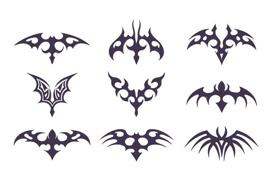 Set of symmetrical tribal tattoo designs. abstract black geometric shapes for tattoos, logos, or decorative vector art elements. Vector Illustration
