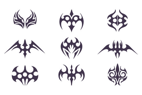 Set of symmetrical tribal tattoo designs. abstract black geometric shapes for tattoos, logos, or decorative vector art elements. Vector Illustration