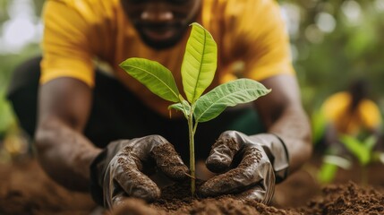 Poster - a person s hands gently placing a young tree seedling into the soil signifying the important role of