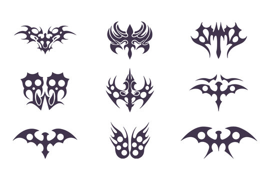 Set of symmetrical tribal tattoo designs. abstract black geometric shapes for tattoos, logos, or decorative vector art elements. Vector Illustration