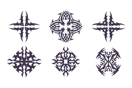 Set of symmetrical tribal tattoo designs. abstract black geometric shapes for tattoos, logos, or decorative vector art elements. Vector Illustration