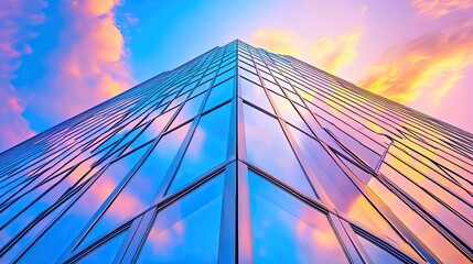 Aufkleber - Modern glass skyscraper reflecting vibrant sunset colors into the clouds