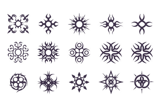 Set of Tribal Symbol Designs. Abstract Geometric and Nature-Inspired Icons for Tattoos, Logos, or Decorative Art Elements Vector Illustration