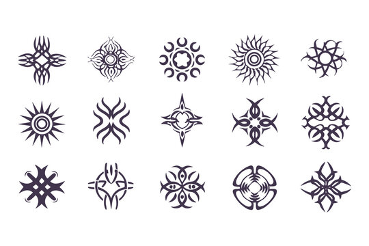 Set of Tribal Symbol Designs. Abstract Geometric and Nature-Inspired Icons for Tattoos, Logos, or Decorative Art Elements Vector Illustration