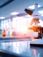 Poster - Modern laboratory interior featuring a microscope with a bright background and chemical equipment