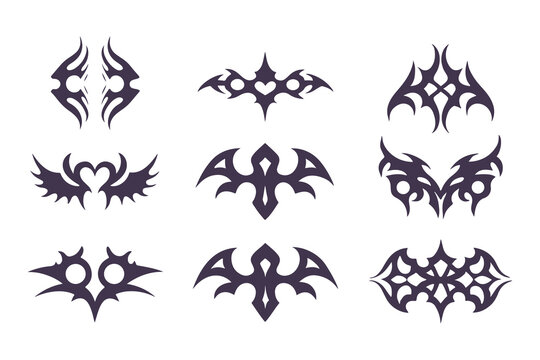 Set of Tribal Symbol Designs. Abstract Geometric and Nature-Inspired Icons for Tattoos, Logos, or Decorative Art Elements Vector Illustration