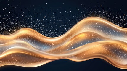 Poster - Golden wave abstract background with glittering particles on dark blue