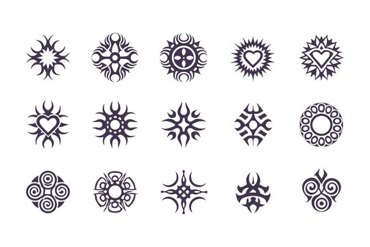 Set of Tribal Symbol Designs. Abstract Geometric and Nature-Inspired Icons for Tattoos, Logos, or Decorative Art Elements Vector Illustration