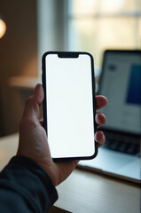 Poster - Individual using mobile device in front of computer, ideal for tech-related or lifestyle concepts