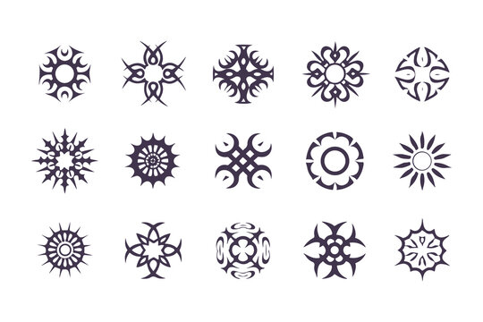 Set of Tribal Symbol Designs. Abstract Geometric and Nature-Inspired Icons for Tattoos, Logos, or Decorative Art Elements Vector Illustration