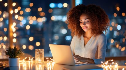 Poster - Woman uses a laptop at night with city lights