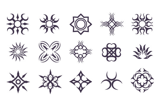 Set of Tribal Symbol Designs. Abstract Geometric and Nature-Inspired Icons for Tattoos, Logos, or Decorative Art Elements Vector Illustration