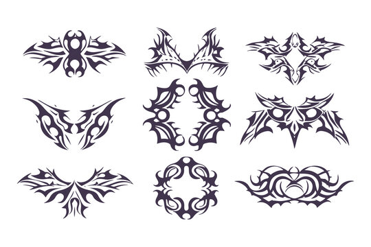 Abstract Tribal Tattoo Design Set. Bold Symmetrical Black Line Art in 3x3 Grid with Animal, Wing, Flame, and Abstract Motifs for Tattoos and Decor. Vector Illustration
