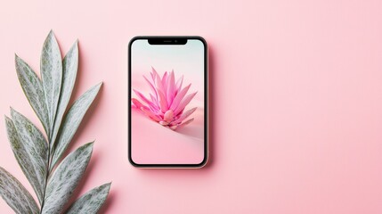 Poster - A clean modern mobile app design featuring a minimalist interface with a vibrant pink flower and green leaves showcasing a photo editing tool