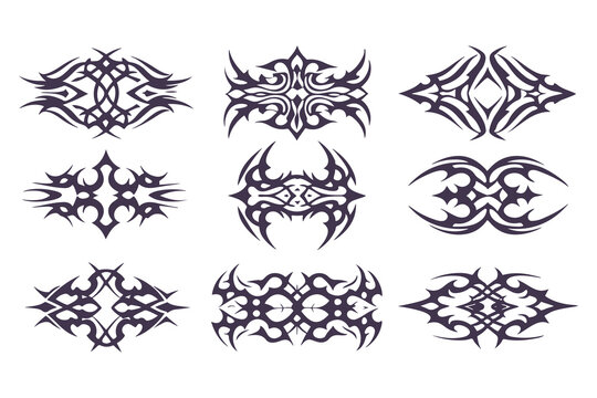 Abstract Tribal Tattoo Design Set. Bold Symmetrical Black Line Art in 3x3 Grid with Animal, Wing, Flame, and Abstract Motifs for Tattoos and Decor. Vector Illustration