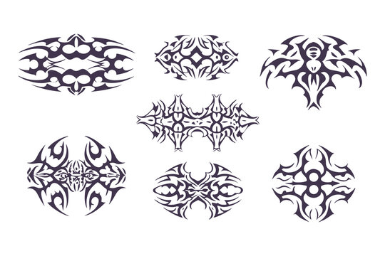 Abstract Tribal Tattoo Design Set. Bold Symmetrical Black Line Art in 3x3 Grid with Animal, Wing, Flame, and Abstract Motifs for Tattoos and Decor. Vector Illustration