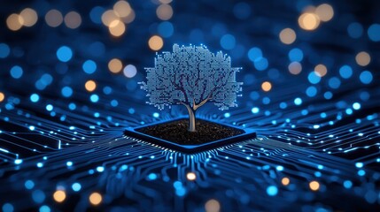 Aufkleber - Digital tree growing from a circuit board environment glows brightly