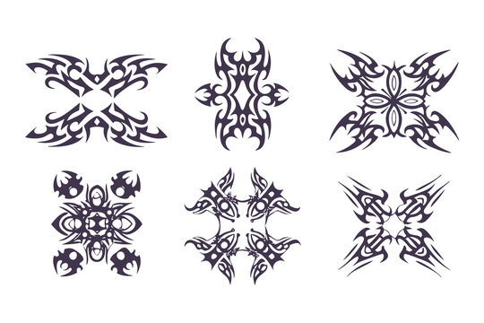 Abstract Tribal Tattoo Design Set. Bold Symmetrical Black Line Art in 3x3 Grid with Animal, Wing, Flame, and Abstract Motifs for Tattoos and Decor. Vector Illustration