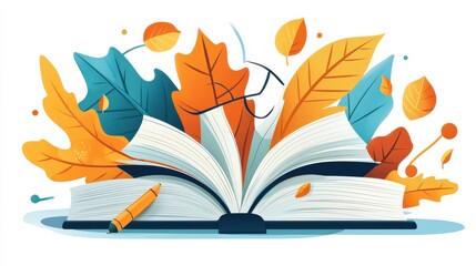 Poster - An open book rests among a collage of colorful autumn leaves symbolizing the joy of reading learning and the changing seasons