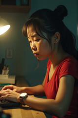 Poster - A woman sits at a desk with a laptop computer, focused on her work
