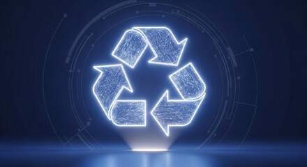 Poster -  Abstract neon glowing wires forming a recycle symbol. Digital concept of sustainability. Wireframe render for technology and eco design.
