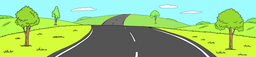 Fototapete - Road hill graphic color landscape sketch long illustration vector 