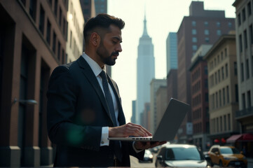 Poster - A businessman uses his laptop on a busy city street, ideal for usage in corporate or urban themed projects