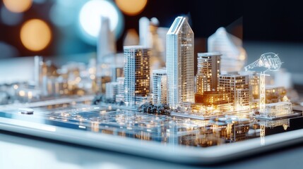Poster - a digital of a vibrant futuristic cityscape featuring a skyline of modern glass clad skyscrapers and