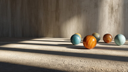 Poster - Colorful Floating Spheres Casting Soft Shadows in Minimalist 3D Render with Natural Light Effects