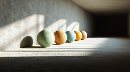 Poster - Colorful Floating Spheres Casting Soft Shadows in a Minimalist Space