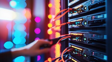 Poster - rack of servers switches and other networking hardware in a brightly lit colorful data center enviro