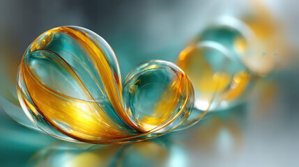 Poster - Glossy Curved Shapes Resembling Water Droplets with Orange and Teal Highlights in a Dreamy Soft Focus Background