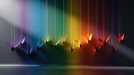 Poster - Minimal Composition of Colorful Origami Birds Hanging in a Gradient of Pride Colors Against a Soft Background