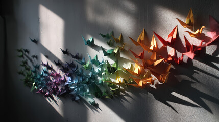 Poster - Minimal Art Composition of Colorful Origami Birds Casting Shadows on Wall