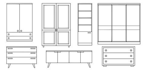 Fototapete - Cupboard set isolated graphic black white furniture sketch illustration vector