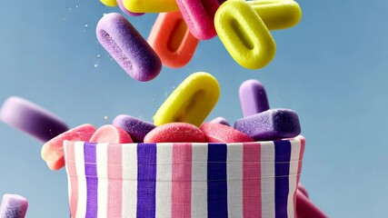 Poster - Bunch of colorful candies are flying out of a pink and blue striped bag. The candies are in various shapes and sizes, and they are scattered all over the scene. Concept of excitement and fun