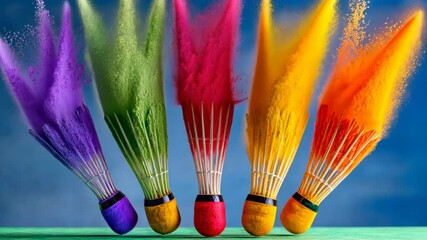 Poster - Row of five badminton racquets are shown with their handles pointing in different directions. The racquets are of different colors, and the image conveys a sense of movement and energy