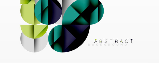 Aufkleber - Geometric shapes overlap, creating modern design. Colors include green, blue, yellow, gray. Minimalist aesthetic, clean lines present.