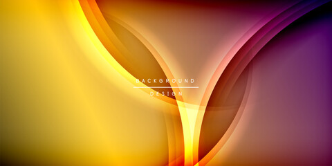 Fototapete - Abstract design features vibrant curves, warm colors. Yellow, orange, purple blend into dark background. Modern aesthetic, smooth gradients present.