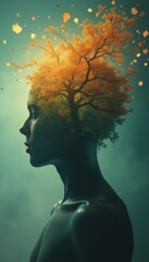 Poster - Young woman enjoying serene moment under autumn tree