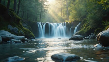 Poster - Serene waterfall cascading over mossy rocks in forest