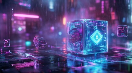 Poster - Glowing cubes with circuitry design in futuristic city street at night