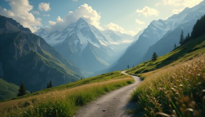 Poster - Winding path through majestic mountains in serene nature